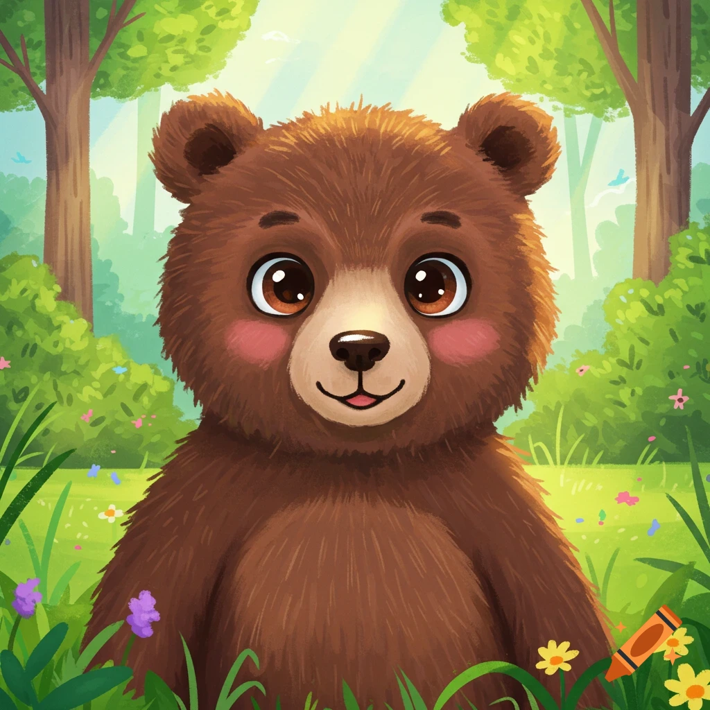 A cute brown bear in a forest clearing in a storybook illustration style.