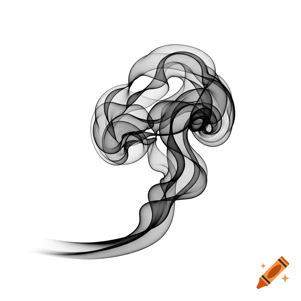 Abstract black smoke swirls on a white background.