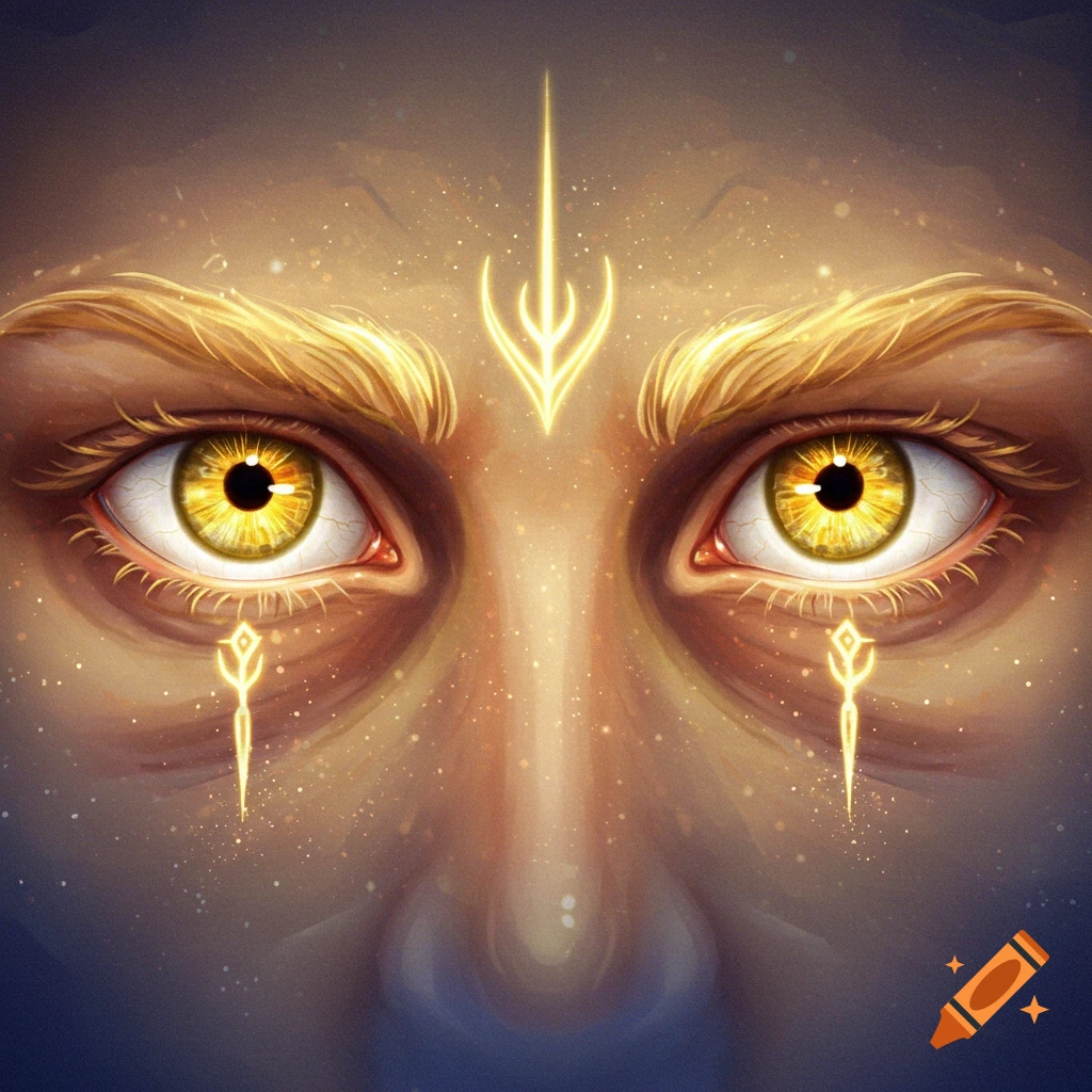 Close-up of bright golden eyes with glowing symbols on the brow and cheekbones.