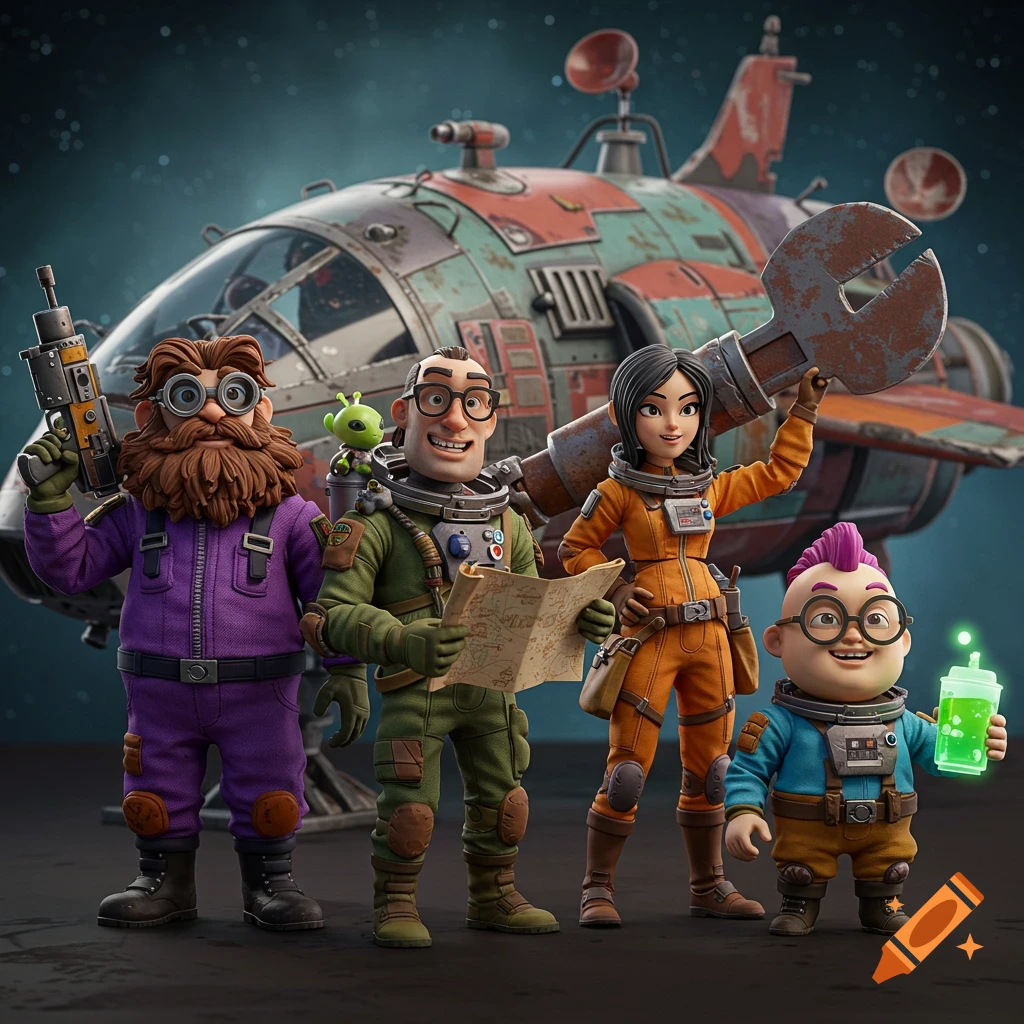 Four cartoonish space explorers stand with a spaceship, holding a map, wrench, gun, and drink.