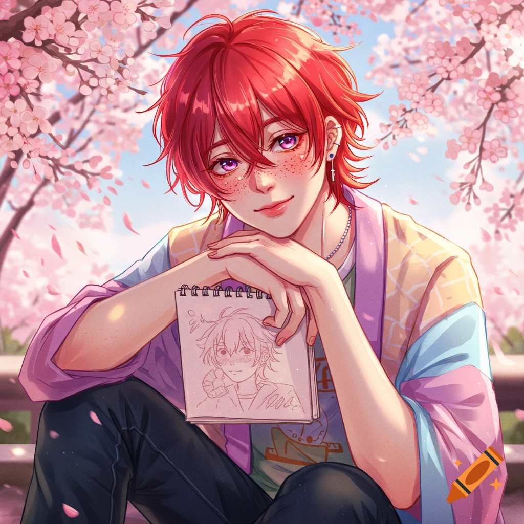Anime-style portrait of a red-haired boy with freckles holding a sketchpad under cherry blossoms.