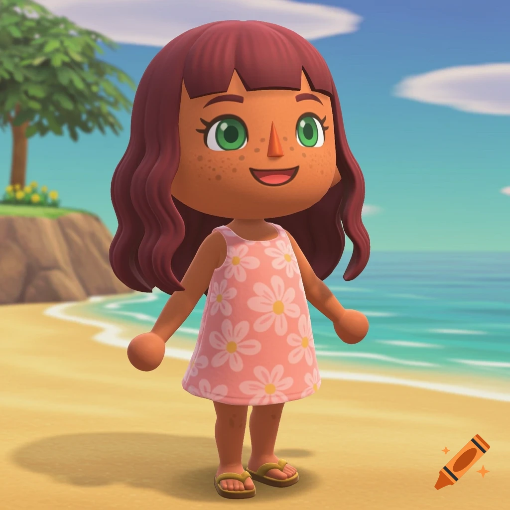 Animal Crossing style character with tan skin, red hair, and freckles in a pink sundress on a beach.