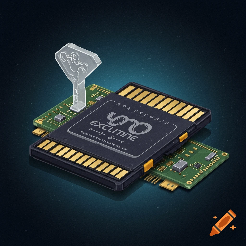 A close-up digital illustration of a black microchip with gold contacts placed on a green circuit board, with a clear key-like object inserted.