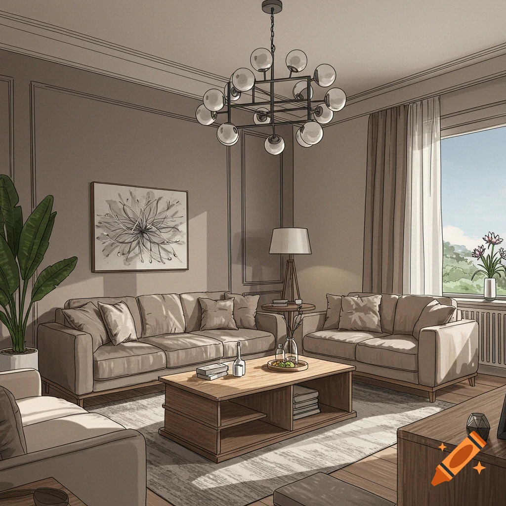 A sketch-style drawing of a living room with sofas, a coffee table, and a large window with outdoor view.