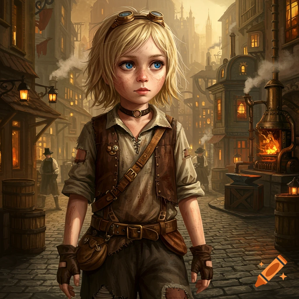 A blonde girl in steampunk clothing stands in a dirty city street.