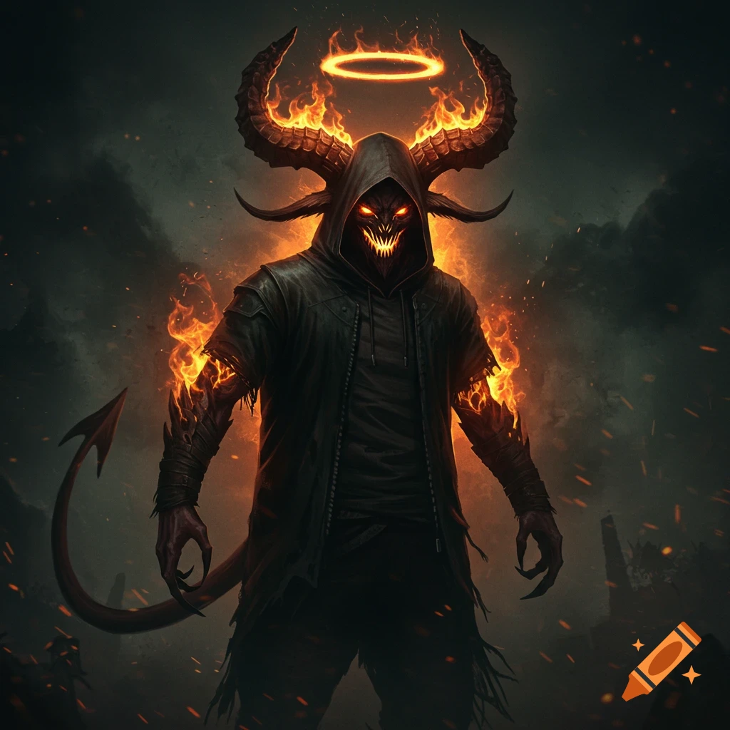A hooded fire demon with large horns, a glowing halo, and a devil tail stands in a smoky landscape.