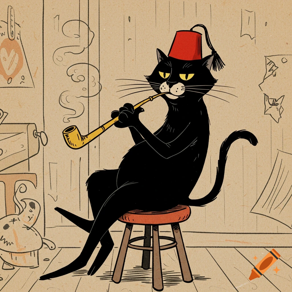 A cartoon black cat wearing a red fez sits on a stool, smoking a pipe, in a sketched style.