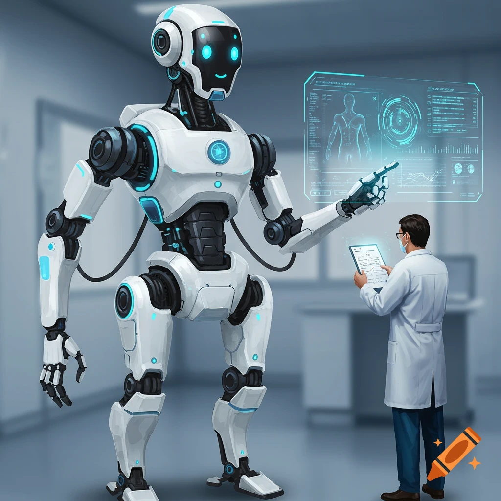A large white medical robot and a doctor analyze holographic data screens in a lab.