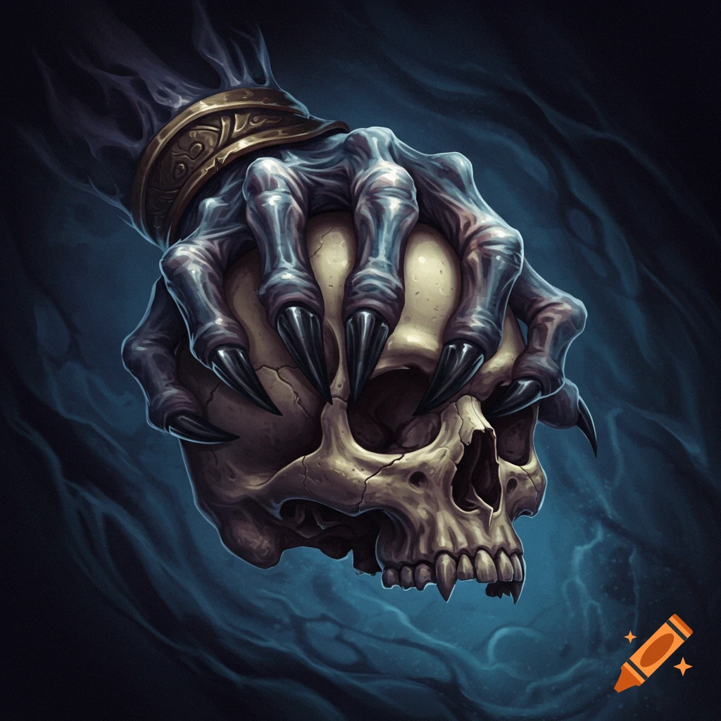 A stylized clawed monster hand holds a skull.