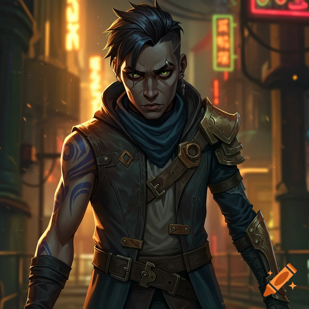 Arcane style character with green eyes, tattoos, and armor stands in a city street at night.