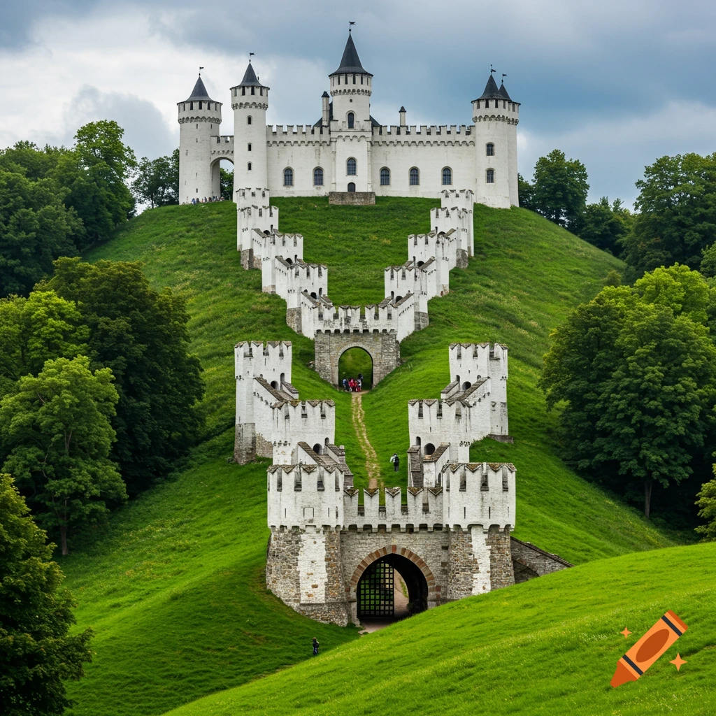 Fairytale style image of a white castle on a green hill with tiered battlements leading up.