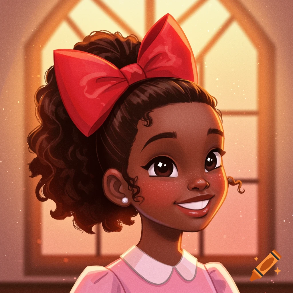 Illustration of a smiling young Black girl with a large red bow, pink dress, and white collar, with a stained-glass window background.