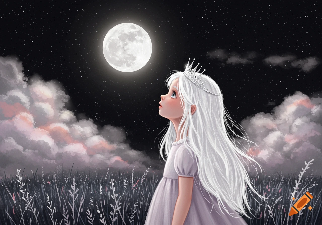 A girl with white hair and a crown looks up at the moon in a field at night.