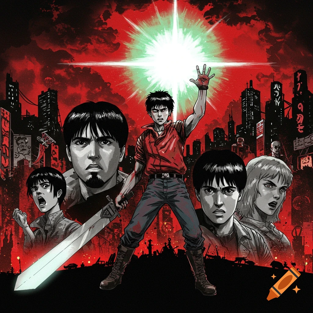 Akira characters in a stylized red and black comic art style city with a bright light.