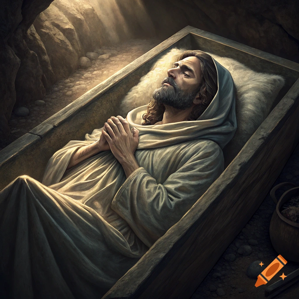Jesus lying in a tomb in a burial shroud with hands clasped, illuminated by rays of light