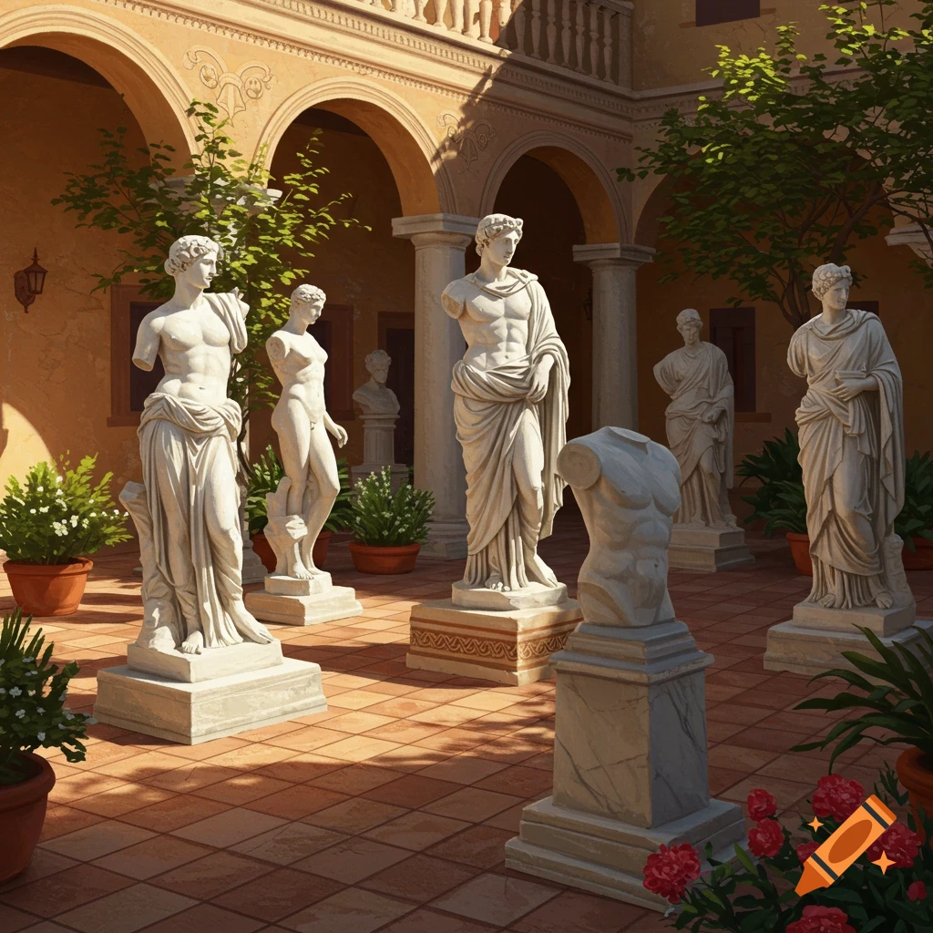 Roman statues in a sunlit courtyard.
