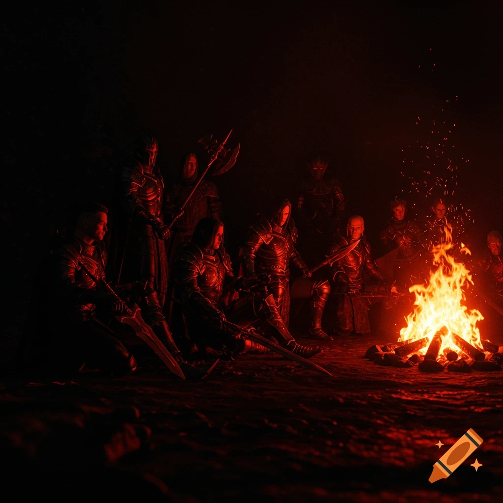 Fantasy soldiers sitting around a campfire in the dark.