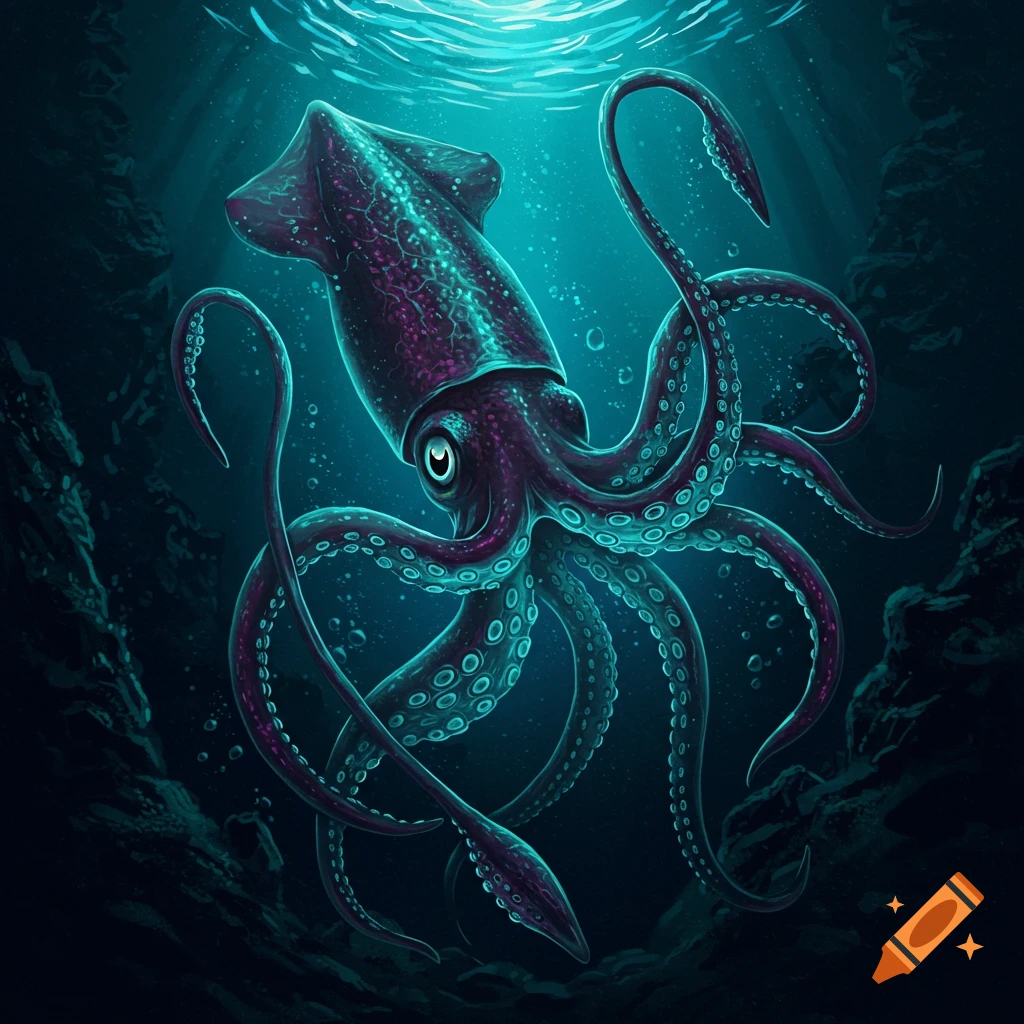 A giant squid in dark ocean depths, illuminated from above.