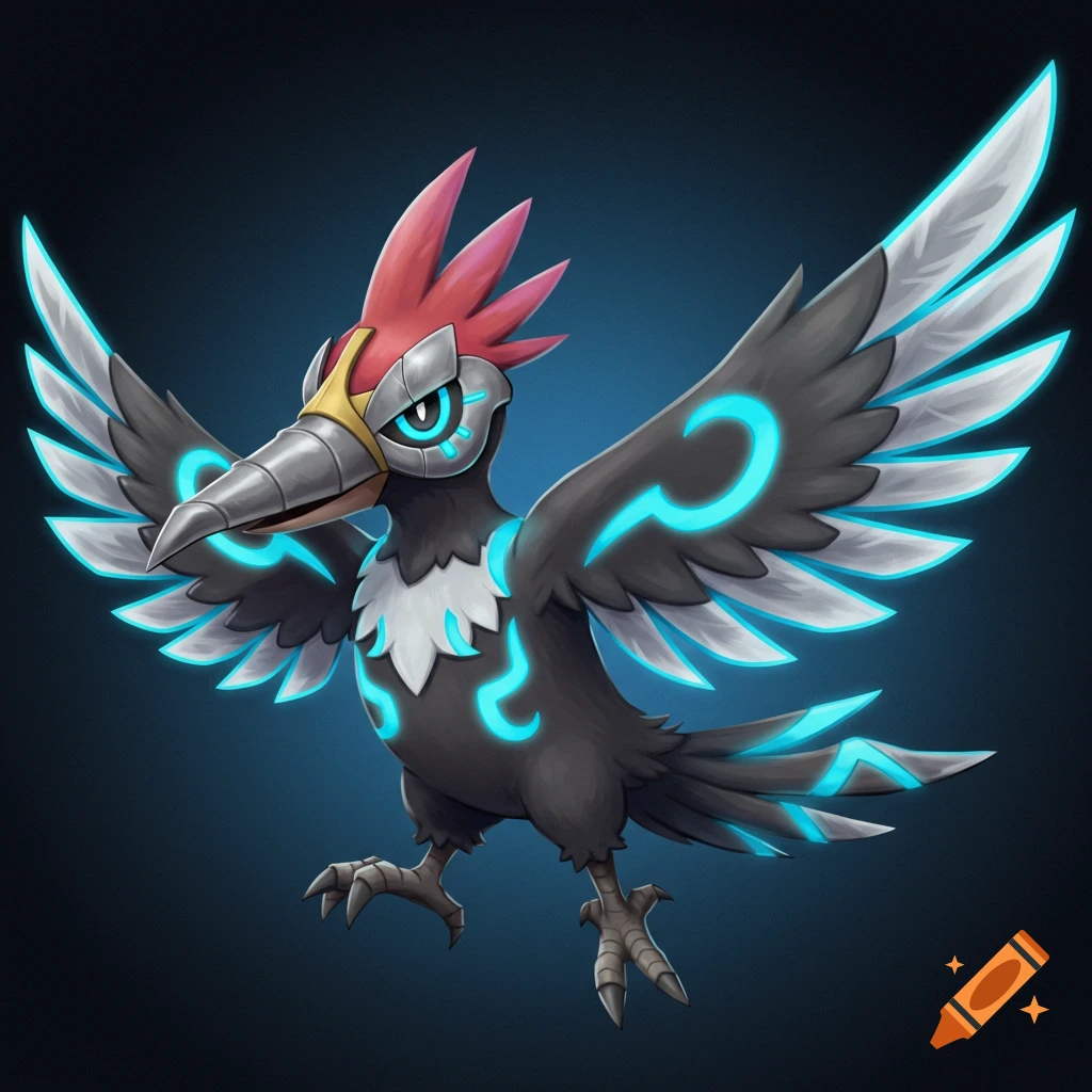 A metallic and feathered bird creature with glowing blue patterns is shown in flight.
