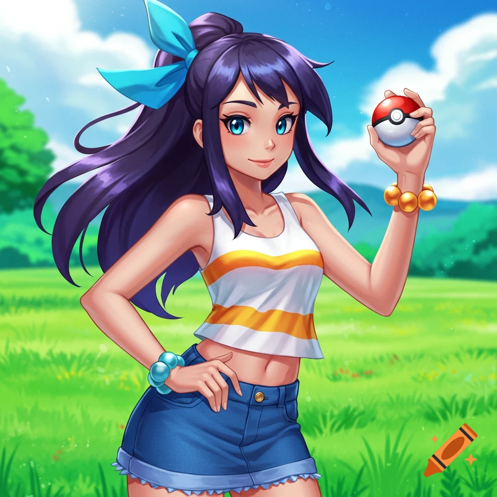 An anime-style girl with purple hair and blue eyes holds a Poke Ball in a grassy field.