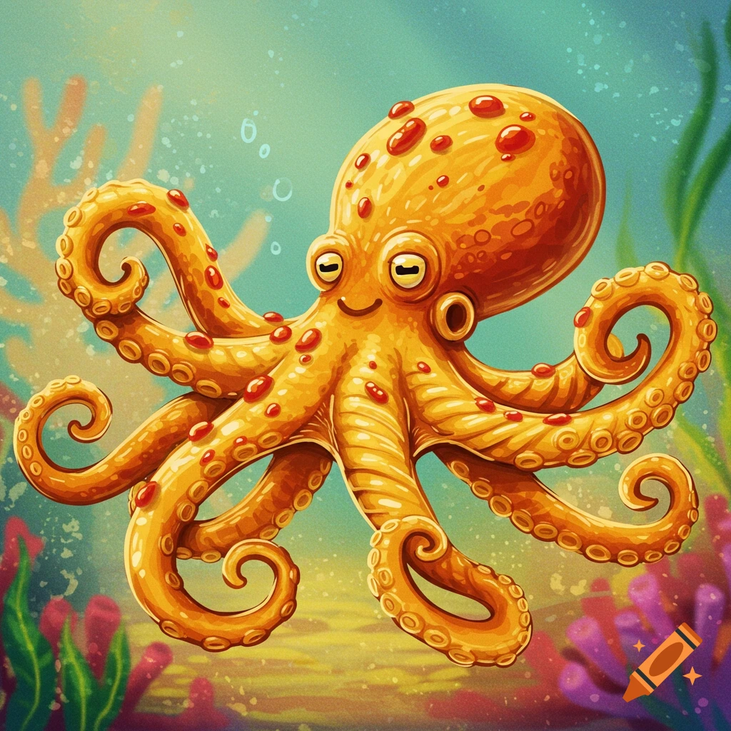 A cheerful cartoon octopus floats underwater among coral and bubbles.
