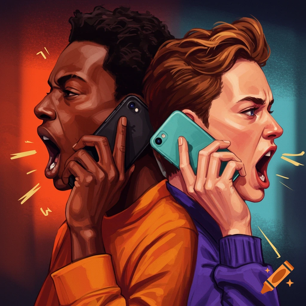 Two people standing back-to-back, shouting into their mobile phones
