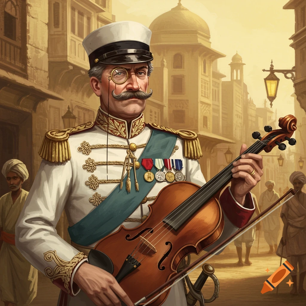 A man in a historical military uniform with a monocle and violin stands in an Indian street.