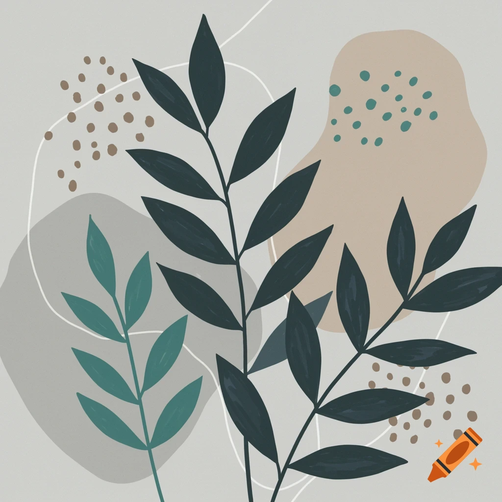 Abstract botanical illustration with dark green and teal leaves on a grey and beige background.