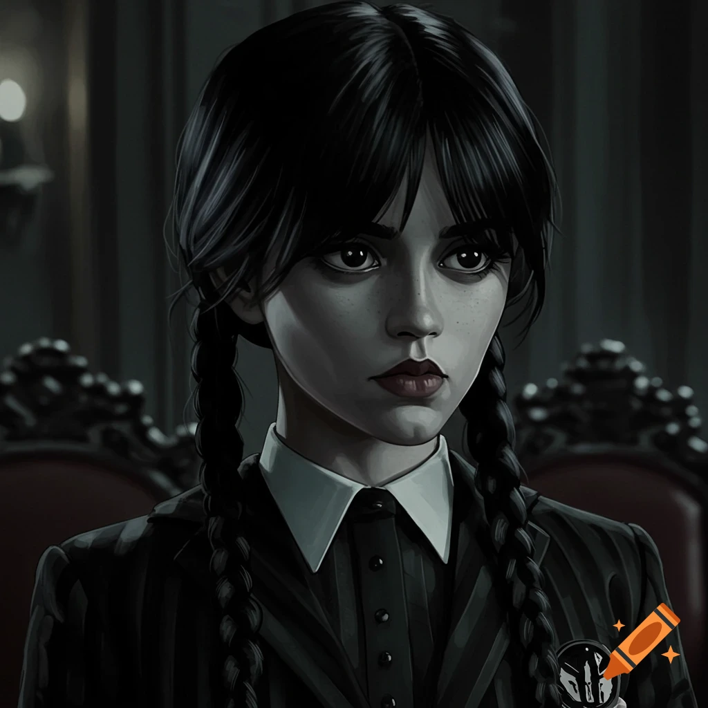Portrait of a young woman with dark hair in braids, wearing a pinstriped suit and collared shirt.