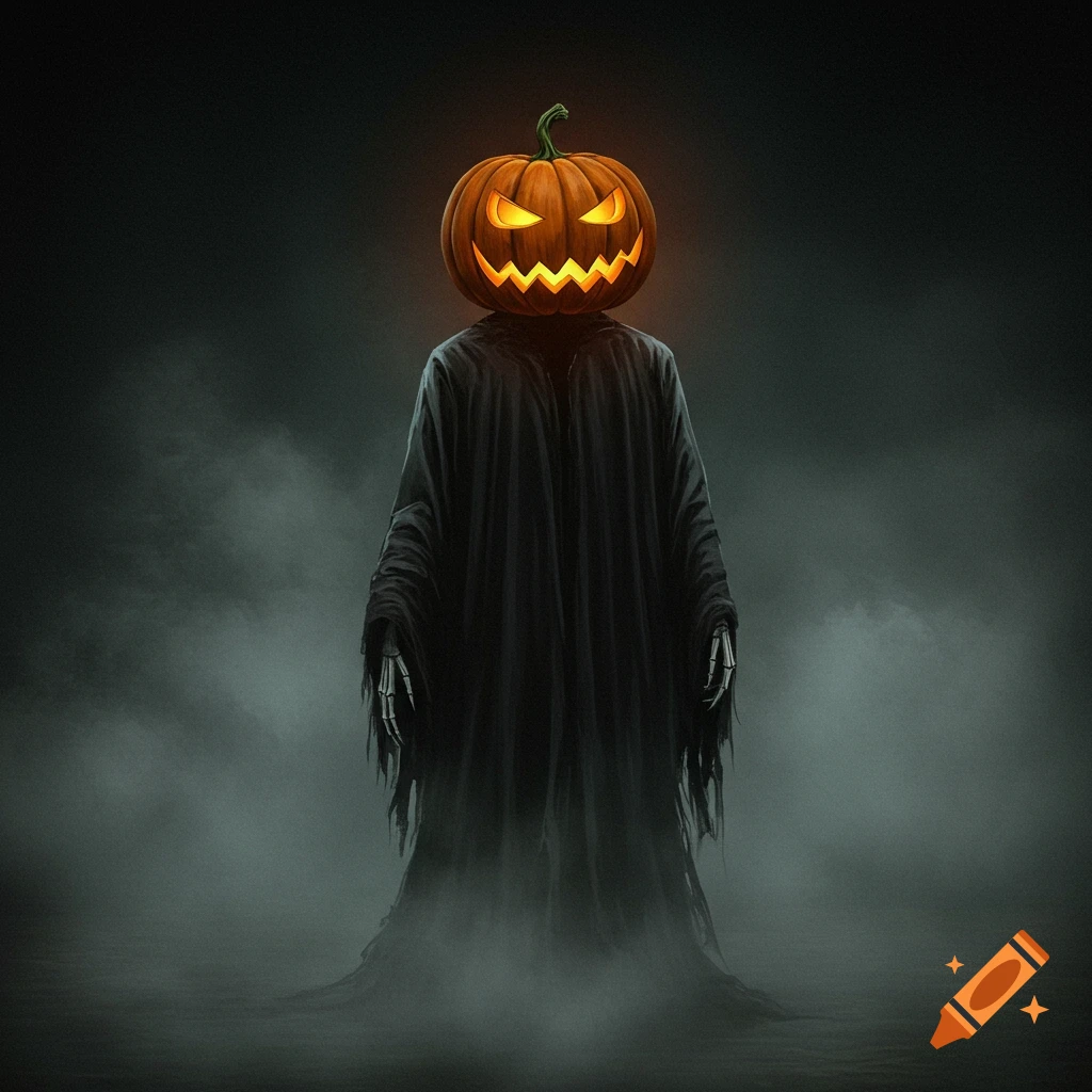 A figure in a dark cloak with a glowing jack-o'-lantern head and skeletal hands stands in thick fog.