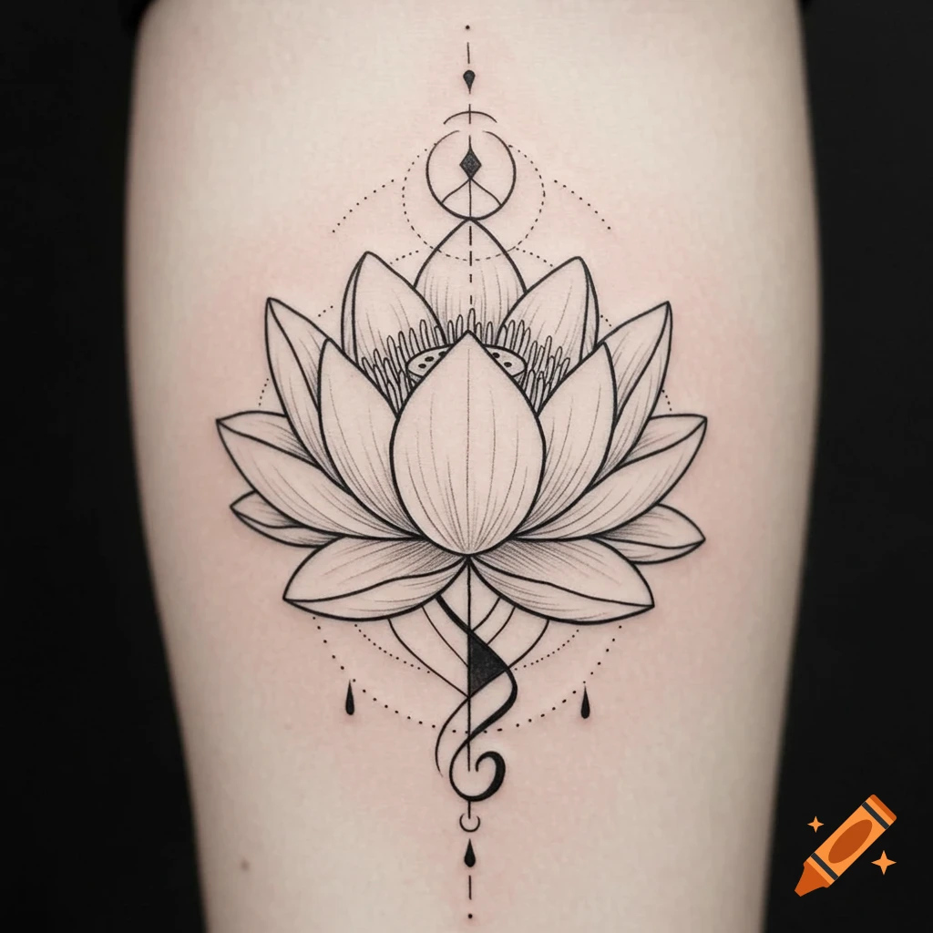 Line art tattoo design of a lotus flower with geometric patterns