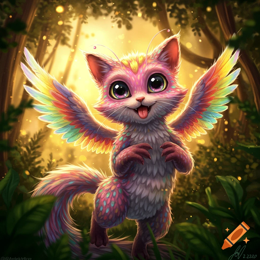 A vibrant, rainbow-winged cat-like creature with large eyes and sticking its tongue out stands in a sunlit fantasy forest.