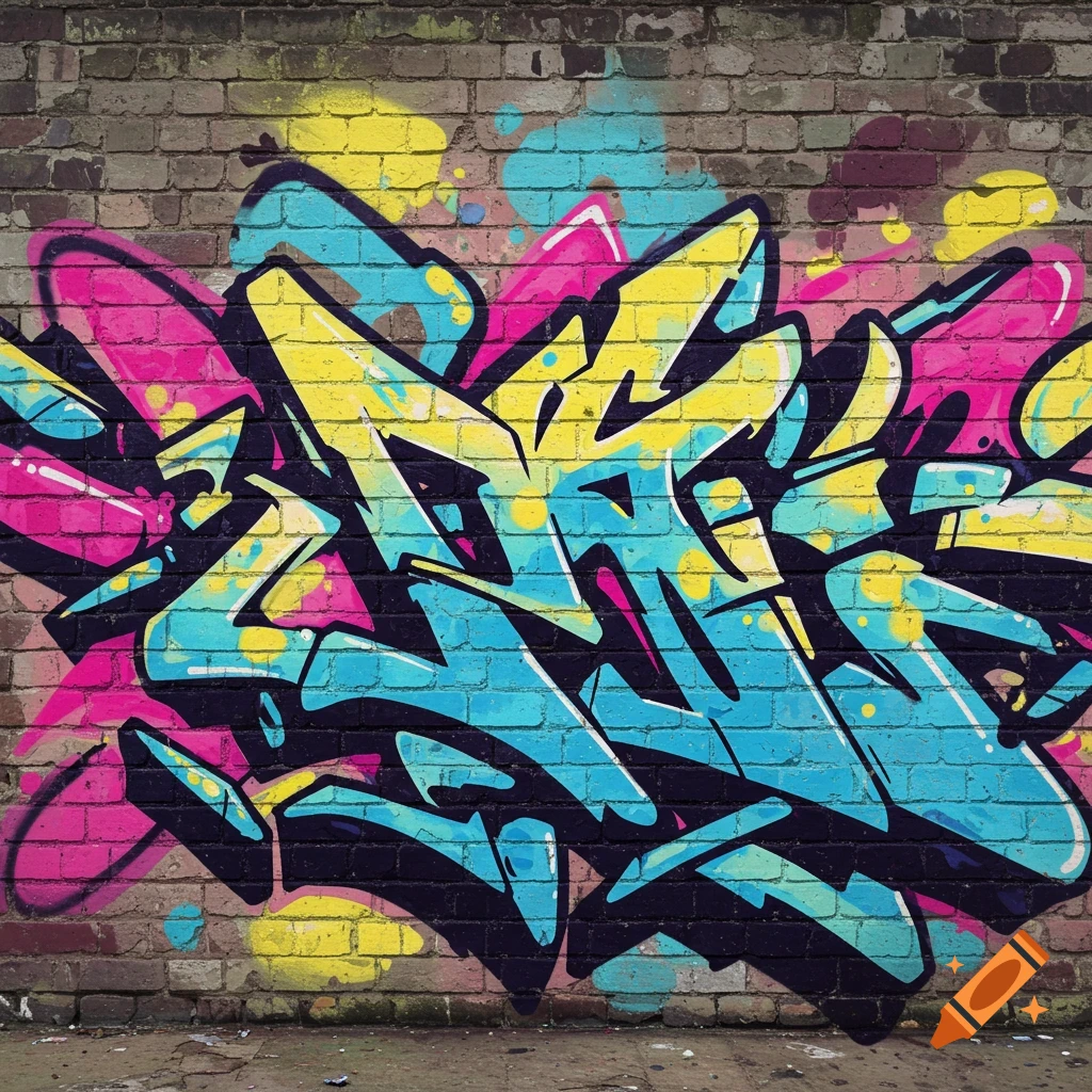 Bold, colorful graffiti on a brick wall.