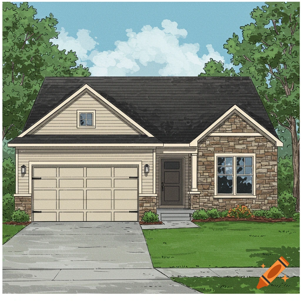 A single-story house with beige siding, stone veneer, and landscaping.