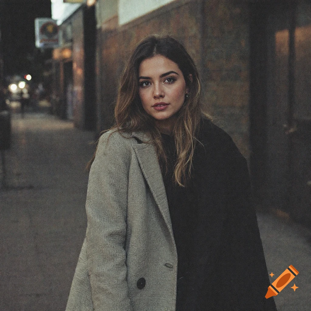 A young woman in a coat stands on a sidewalk at night.
