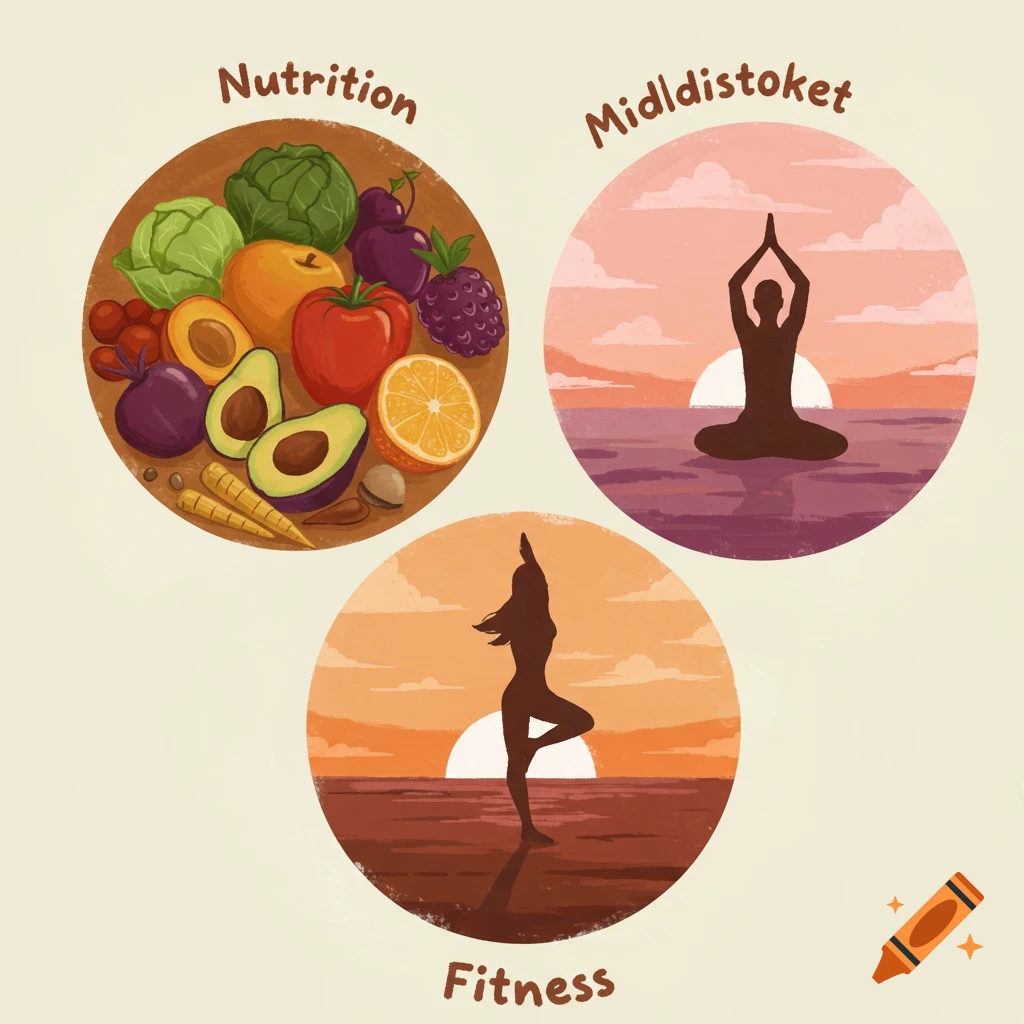 Digital illustration showing three circles: nutrition with food, yoga at sunset, and a balance pose at sunset.