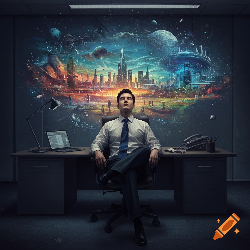 A man sits at an office desk looking at a vibrant fantasy cityscape projected on the wall.