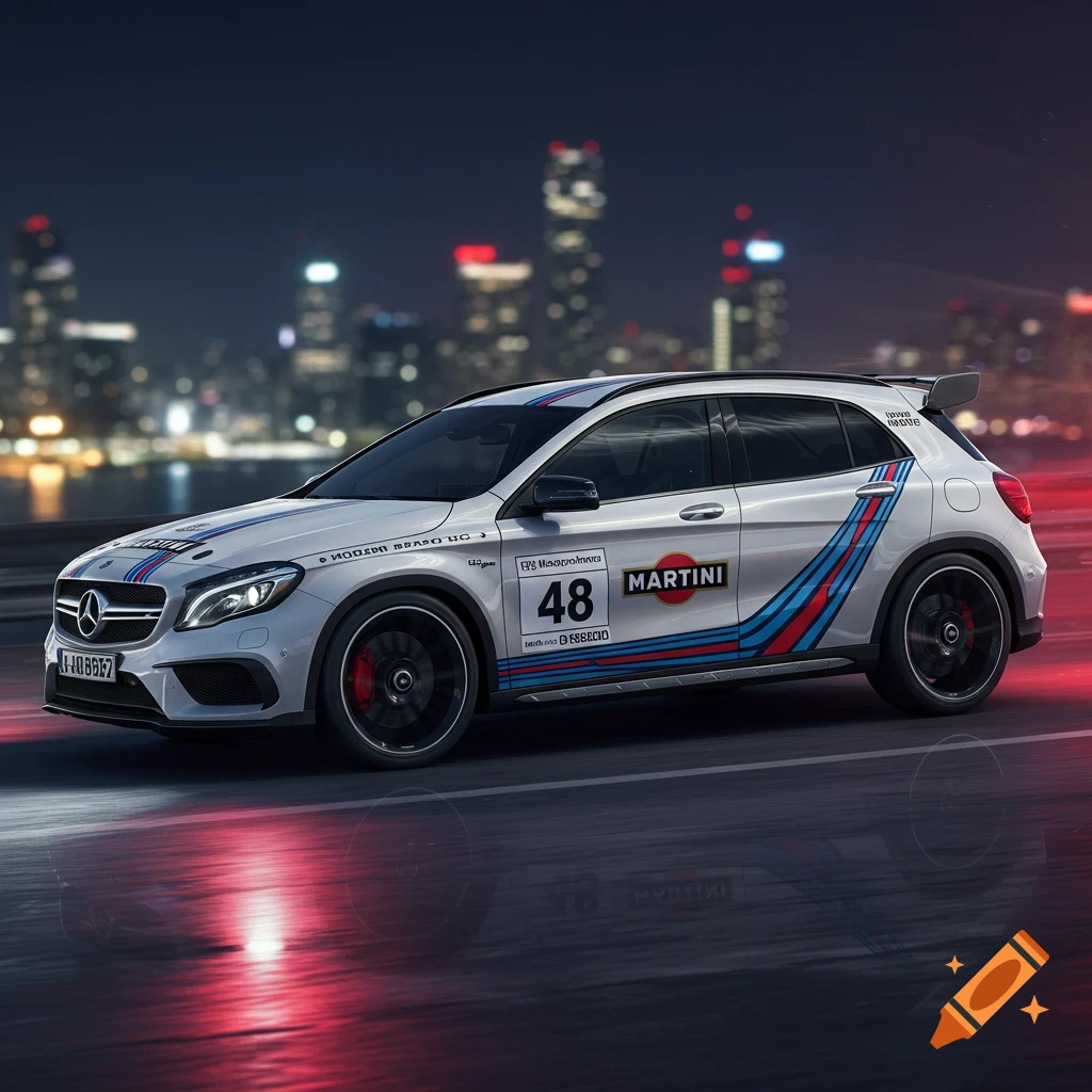 A Mercedes car with Martini racing stripes is driving on a road at night with a city skyline in the background.