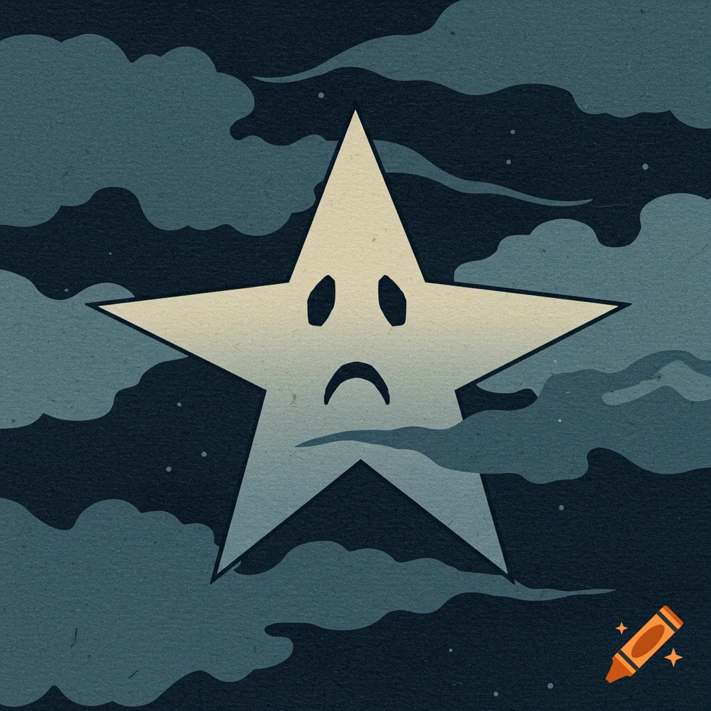 Sad cartoon star floating among dark clouds in a woodblock print style.