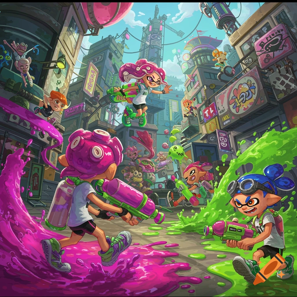 Anime style image of Splatoon characters in a city street turf war with colorful ink splatters.