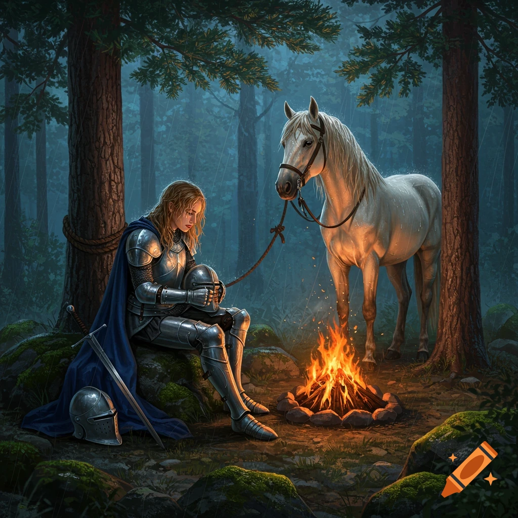 A knight rests by a campfire with a horse in a forest.