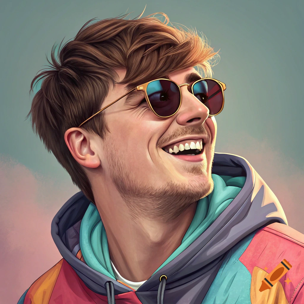 A stylized portrait of a young man with brown hair, wearing sunglasses and a colorful hoodie, smiling and looking up.