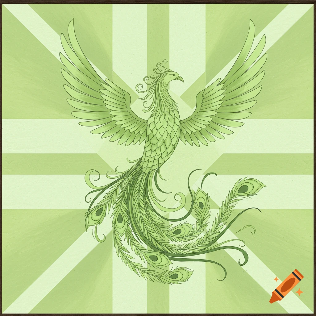 A stylized illustration of a green phoenix with spread wings against a light green geometric background.