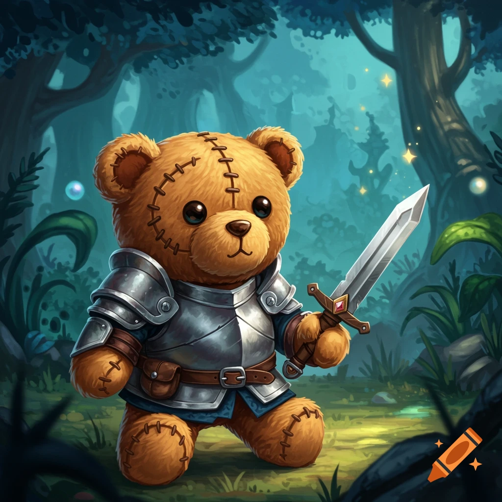 A teddy bear in shiny plate armor holds a sword in a fantasy forest.