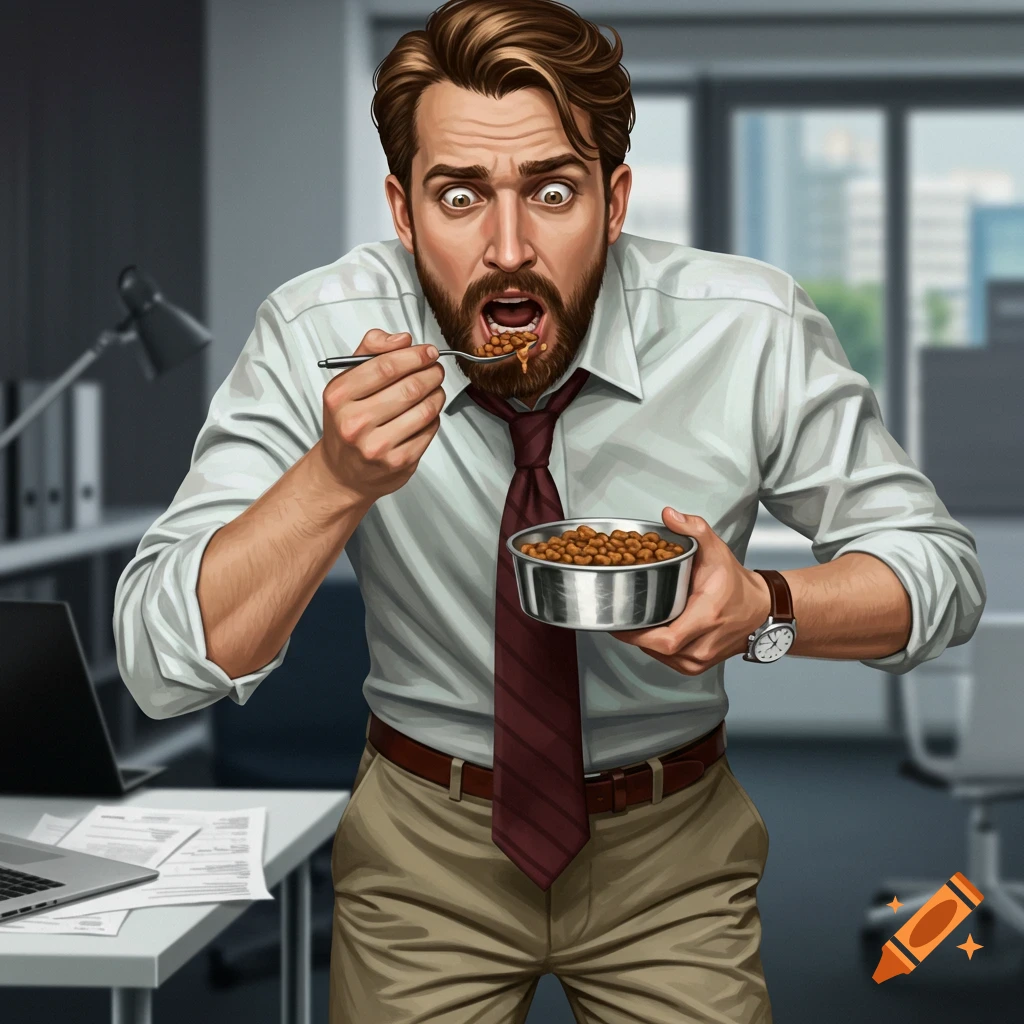 A shocked businessman eating from a bowl in an office.