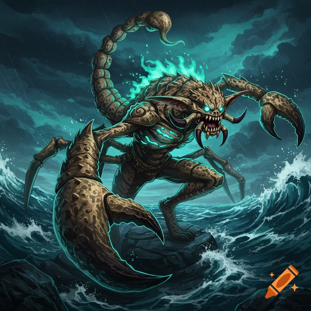 Fantasy monster (scorpion/fish hybrid) with glowing eyes and green flames stands on a rock in a stormy ocean, digital art style.