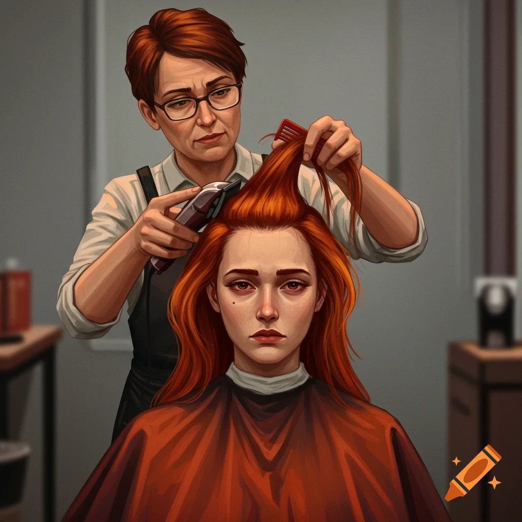A woman with long red hair getting a haircut from a barber.