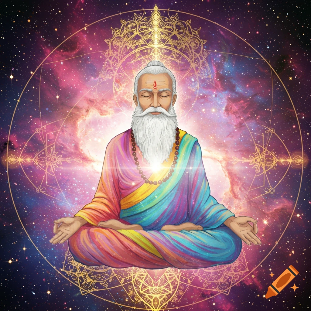 A guru in a colorful robe meditating in space with a golden geometric pattern and stars.