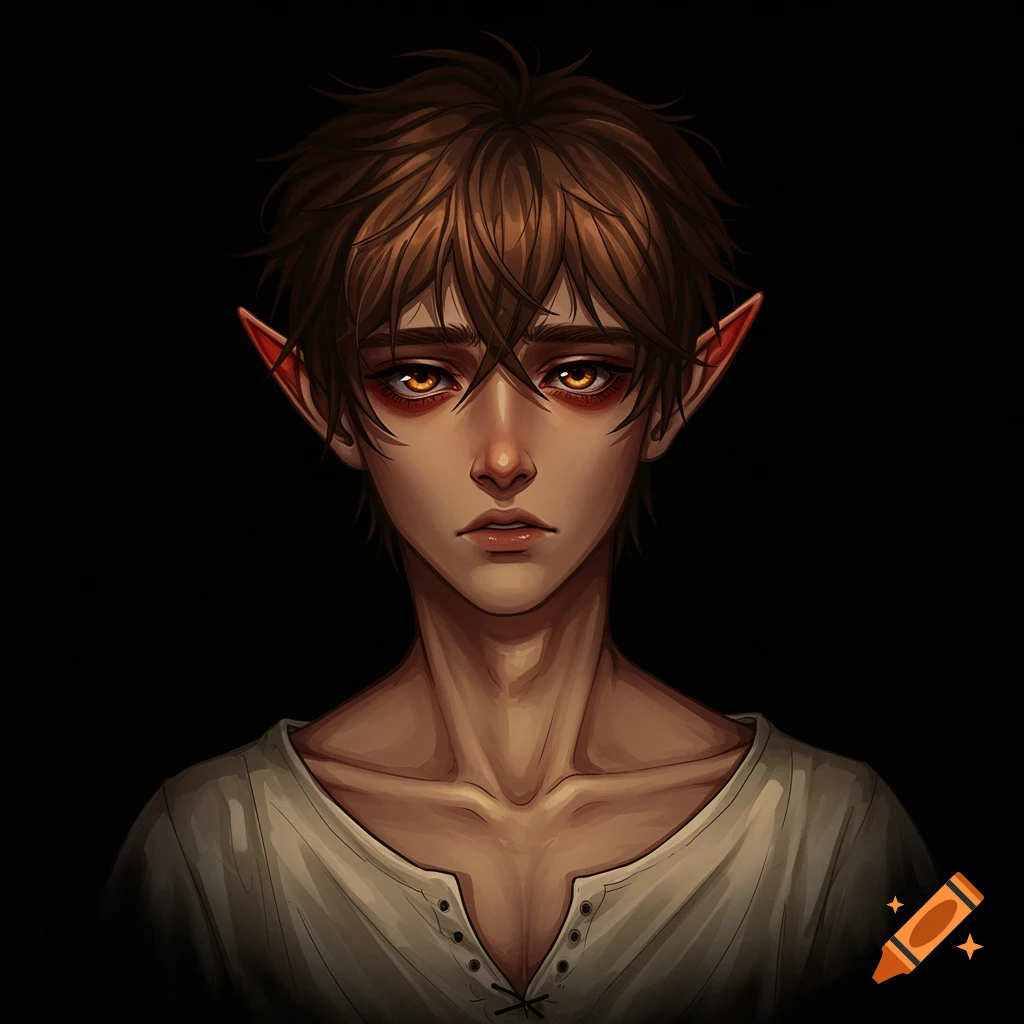 Portrait of a fantasy elf character with brown hair and glowing eyes against a dark background.