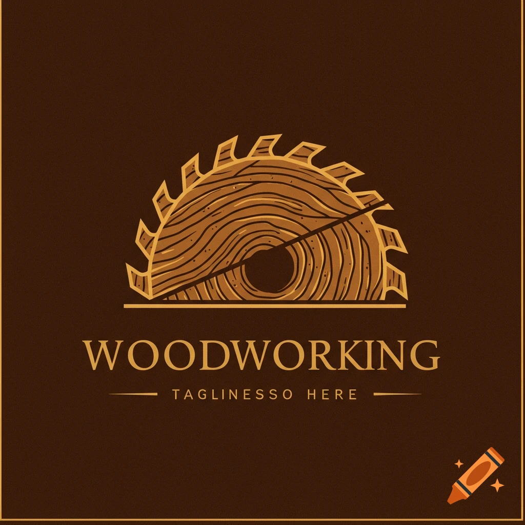 Woodworking logo with saw blade and wood grain texture above text 'WOODWORKING' and 'TAGLINESSO HERE' on brown background.